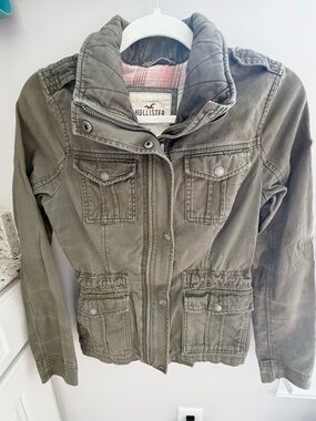 Hollister Olive Military Style Jacket with Full Zip, Pockets, Y2K